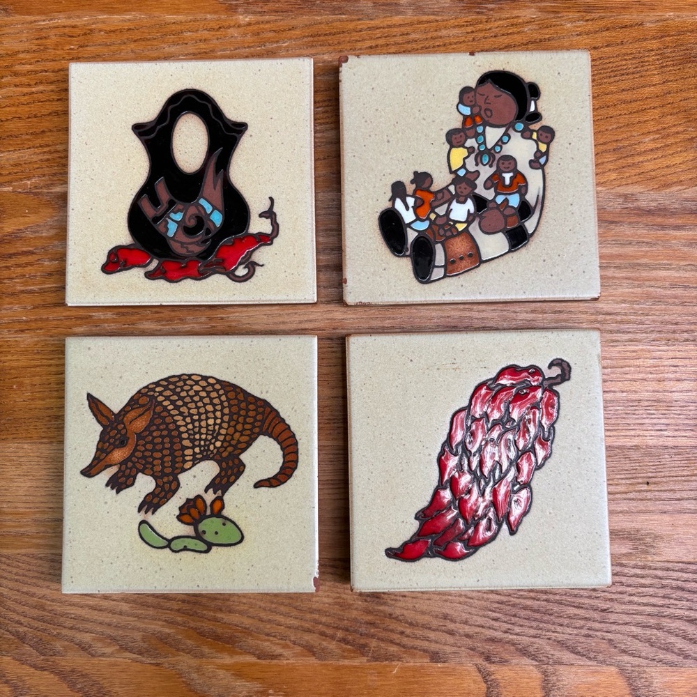 CLEO TEISSEDRE Tile Folk Art Handcrafted Coaster Wall Southwest Designs 4 pc